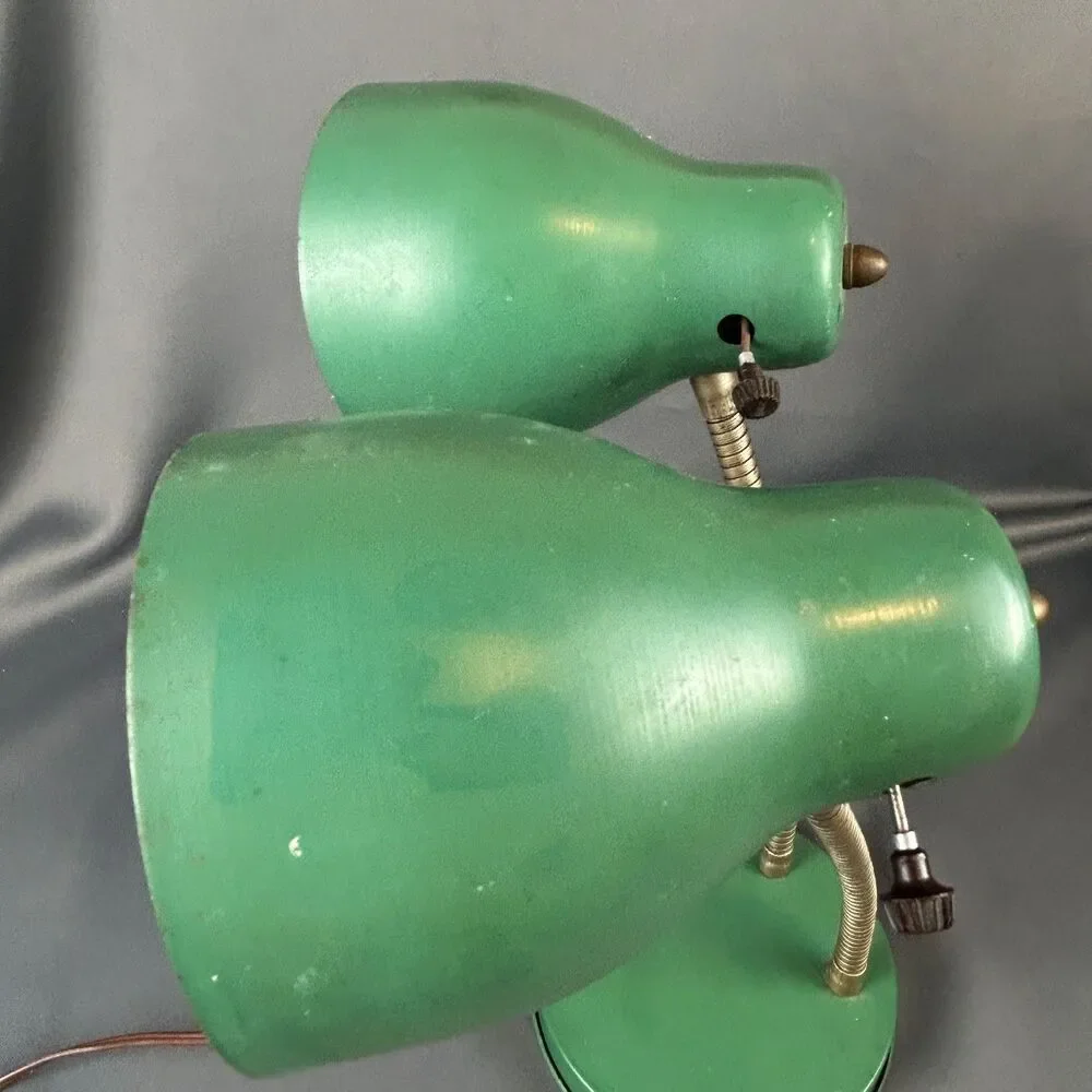 MCM Double Gooseneck Leviton Green Metal Desk Working Table Light Lamp
